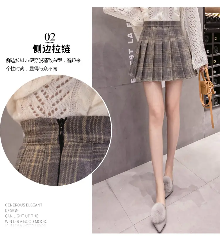 Women Wool Plaid Pleated Skirt Set Winter College — feature 5
