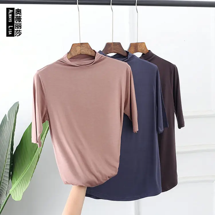 Women Half-High Collar Loose T-Shirt Brown Pink Blue - Image 37