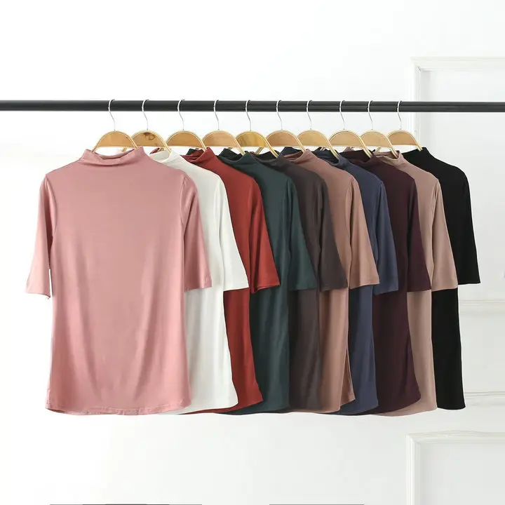 Women Half-High Collar Loose T-Shirt Brown Pink Blue - Image 38