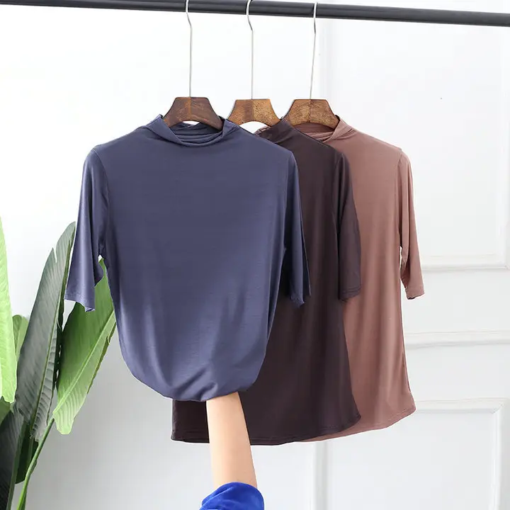 Women Half-High Collar Loose T-Shirt Brown Pink Blue - Image 39