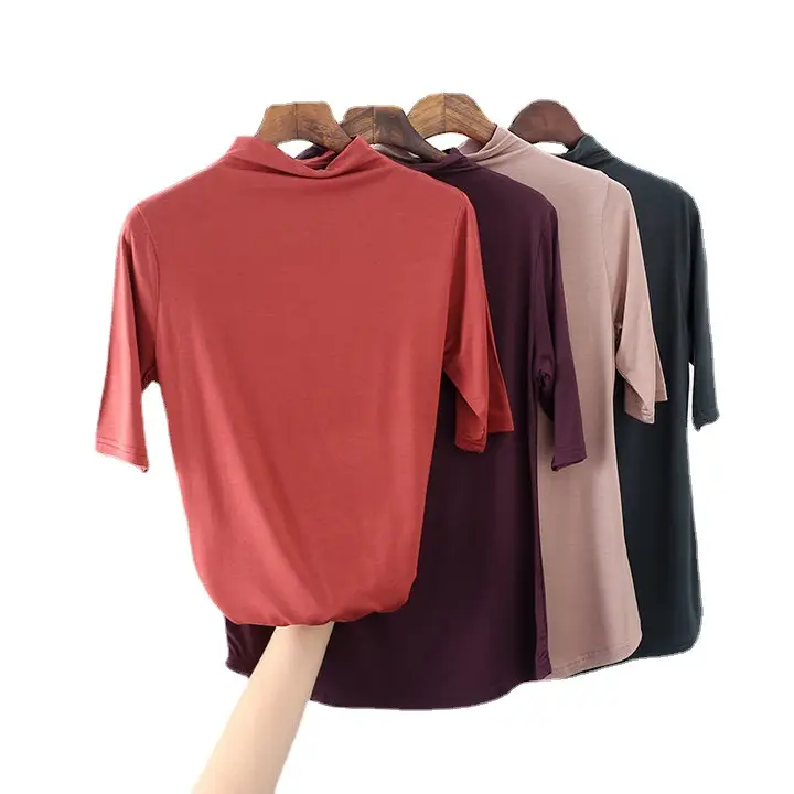 Women Half-High Collar Loose T-Shirt Brown Pink Blue - Image 41