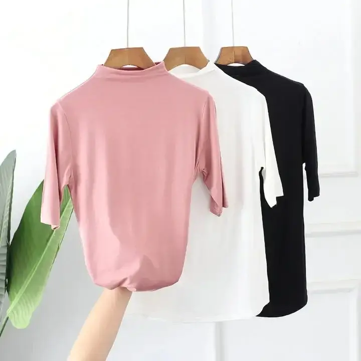 Women Half-High Collar Loose T-Shirt Brown Pink Blue - Image 11