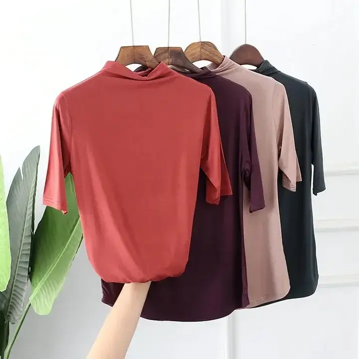 Women Half-High Collar Loose T-Shirt Brown Pink Blue - Image 14