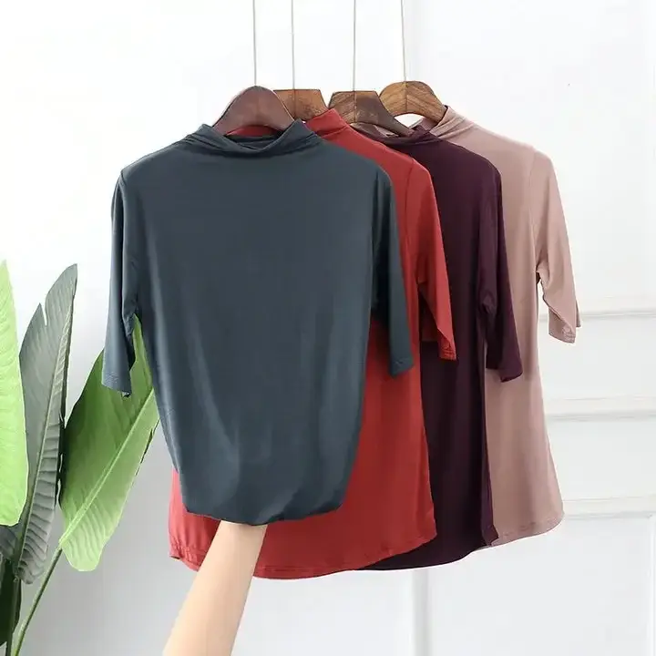 Women Half-High Collar Loose T-Shirt Brown Pink Blue - Image 18