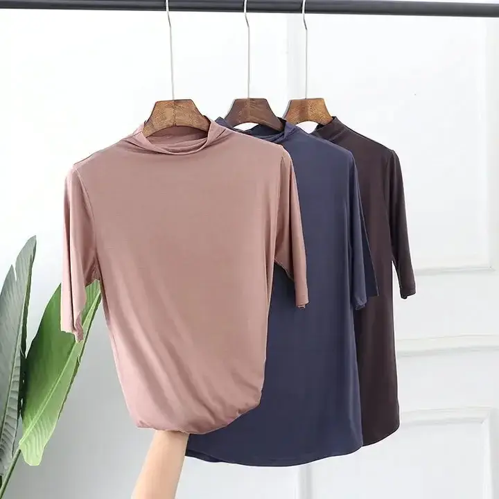 Women Half-High Collar Loose T-Shirt Brown Pink Blue - Image 27