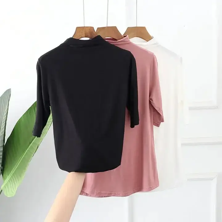 Women Half-High Collar Loose T-Shirt Brown Pink Blue - Image 3