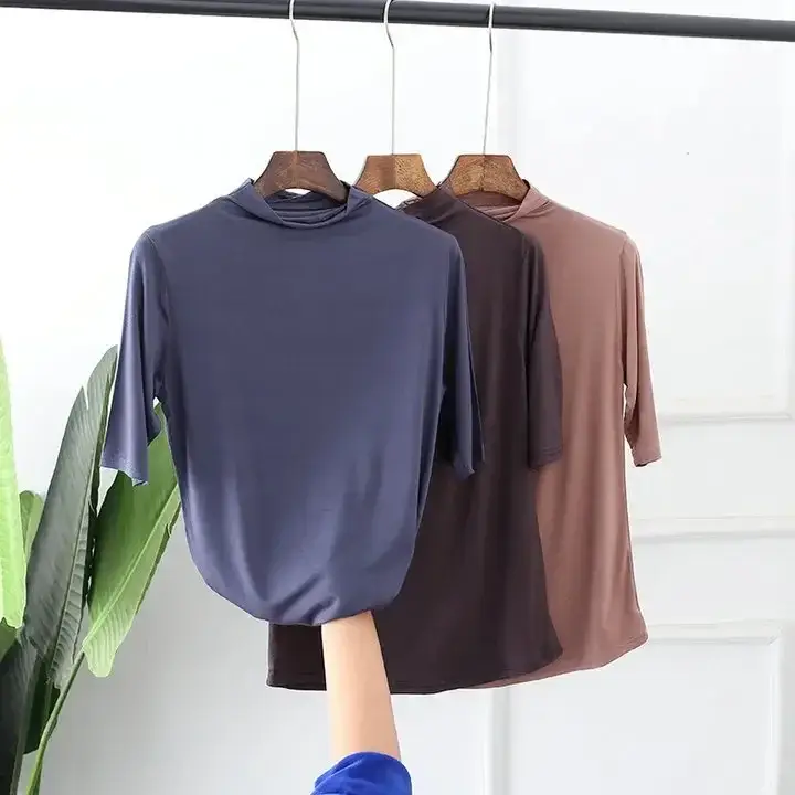 Women Half-High Collar Loose T-Shirt Brown Pink Blue - Image 31