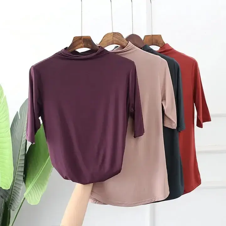 Women Half-High Collar Loose T-Shirt Brown Pink Blue - Image 36
