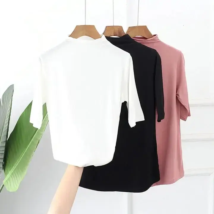Women Half-High Collar Loose T-Shirt Brown Pink Blue - Image 7