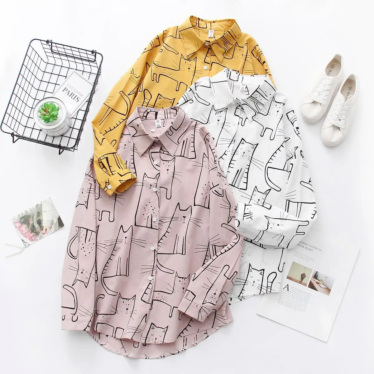 Vintage Cat Print Long Sleeve Women's Shirt