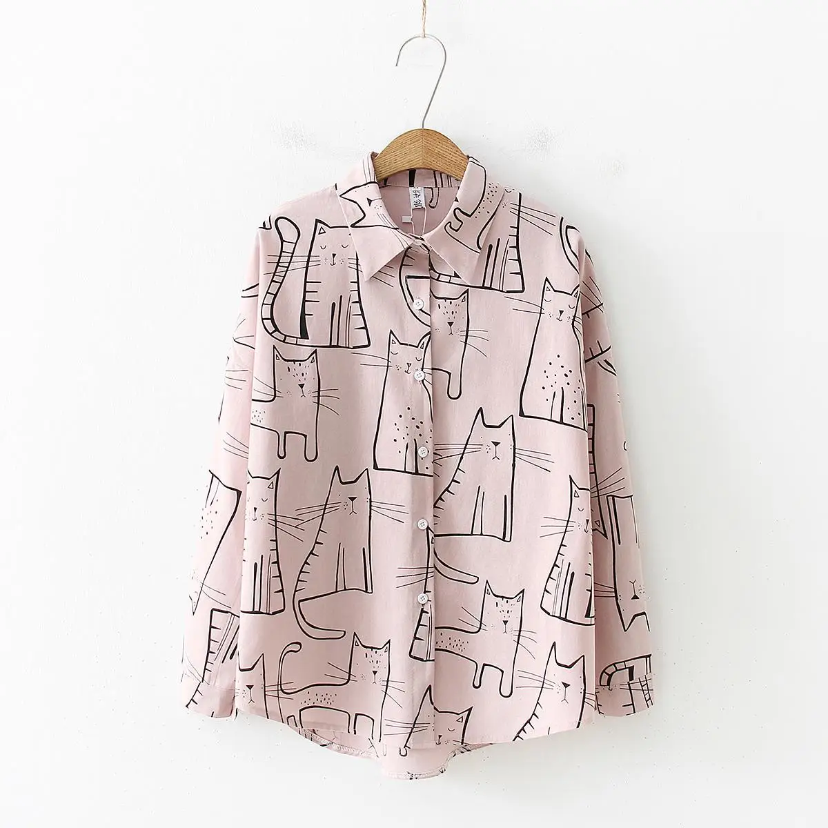 Vintage Cat Print Long Sleeve Women's Shirt