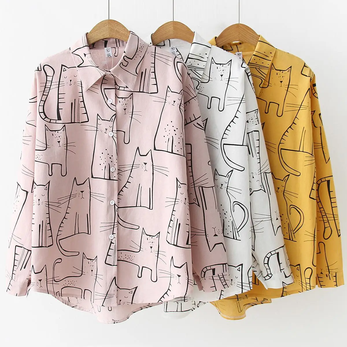 Vintage Cat Print Long Sleeve Women's Shirt — feature 5