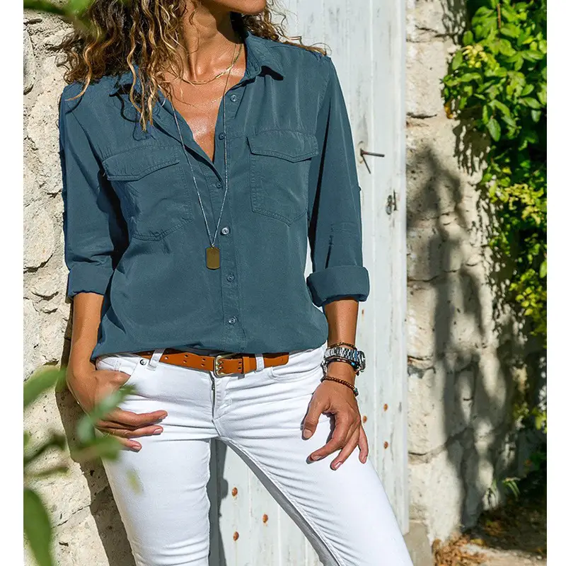 Women's Green Lapel Shirt Short Sleeve Autumn Winter - Image 12