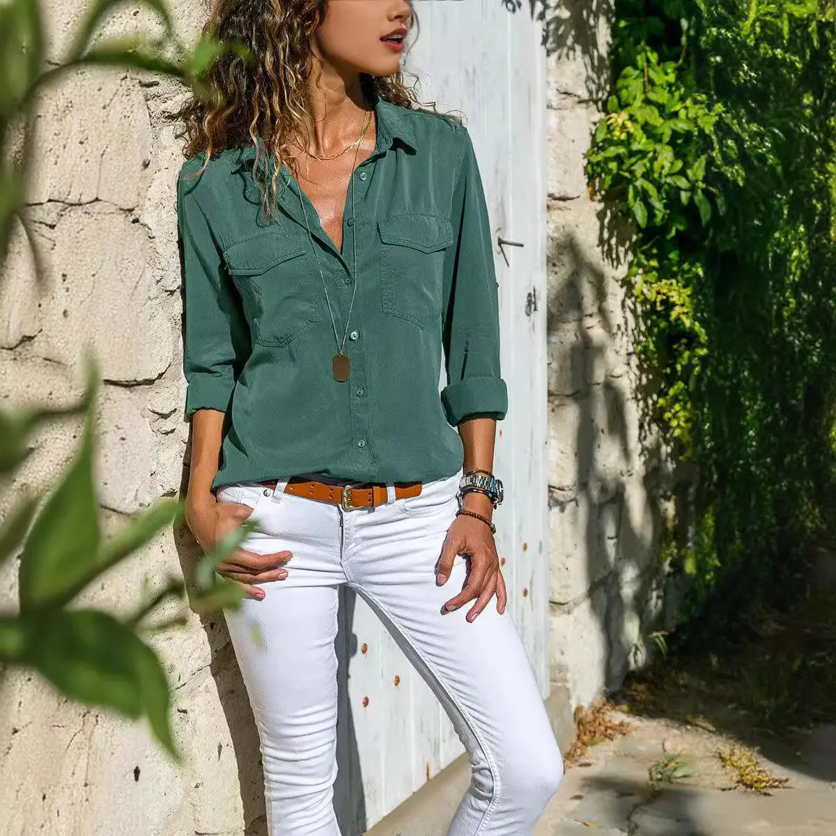 Women's Green Lapel Shirt Short Sleeve Autumn Winter - Image 13