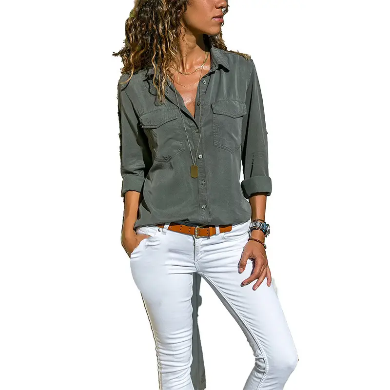 Women's Green Lapel Shirt Short Sleeve Autumn Winter - Image 15