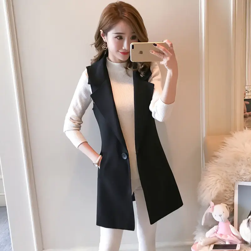 Women's Black Slim Sleeveless Vest Mid-Length Waistcoat