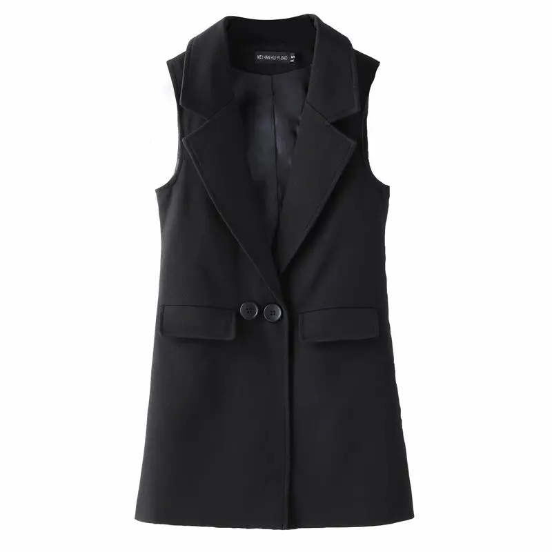 Women's Black Slim Sleeveless Vest Mid-Length Waistcoat