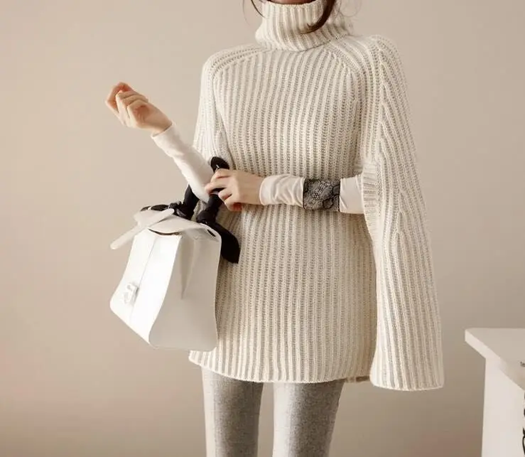 Turtleneck Sweater Coat Solid Beige with Belt