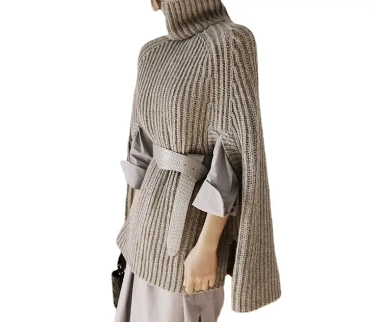 Turtleneck Sweater Coat Solid Beige with Belt