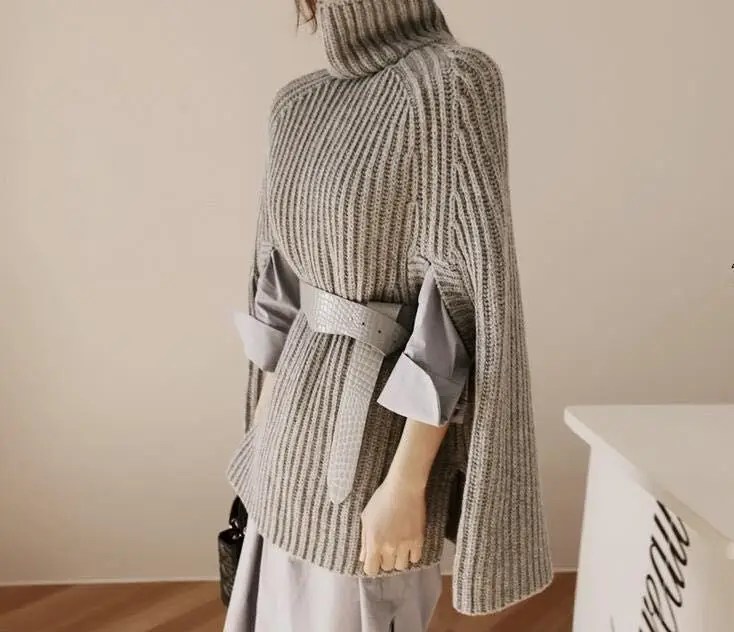 Turtleneck Sweater Coat Solid Beige with Belt