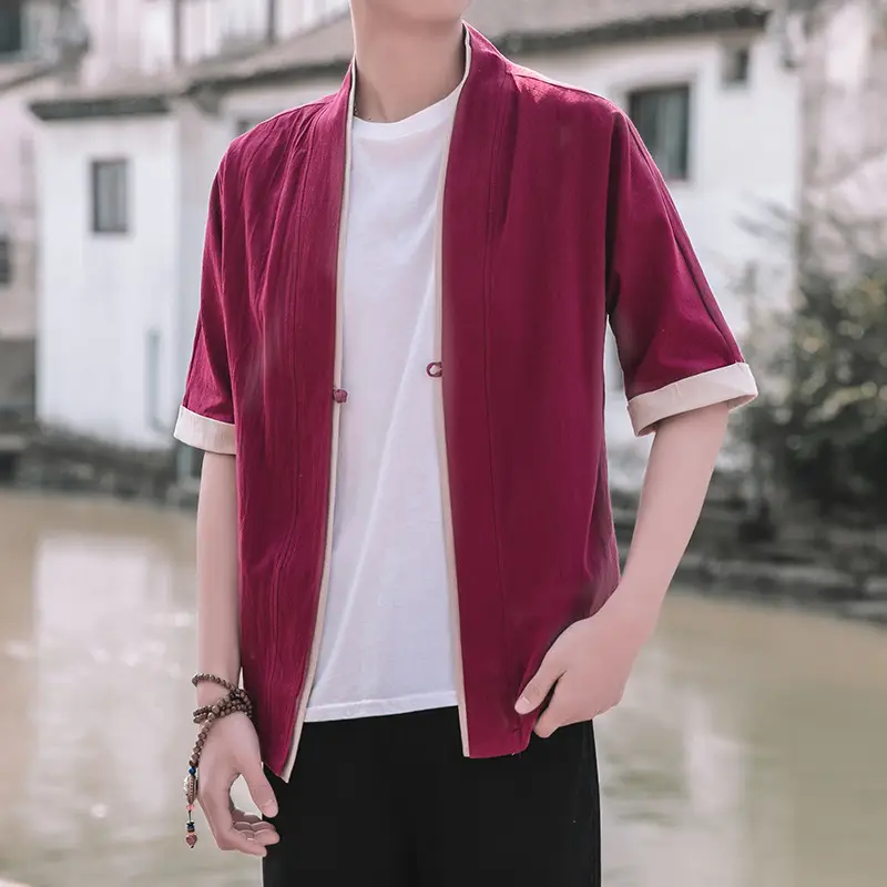 Men Japanese Style Half Sleeve Tang Suit Black Large - Image 3
