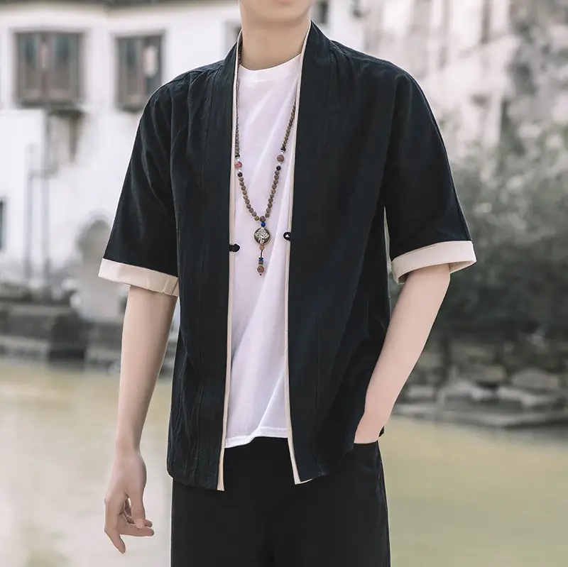Men Japanese Style Half Sleeve Tang Suit Black Large - Image 2