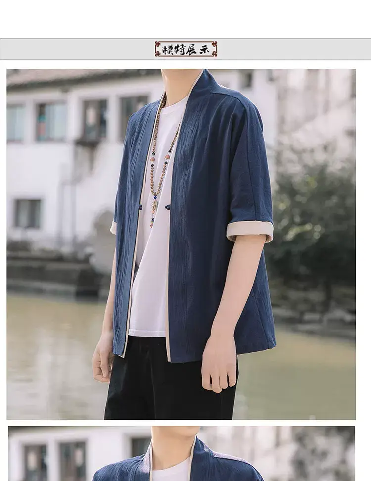 Men Japanese Style Half Sleeve Tang Suit Black Large — feature 3