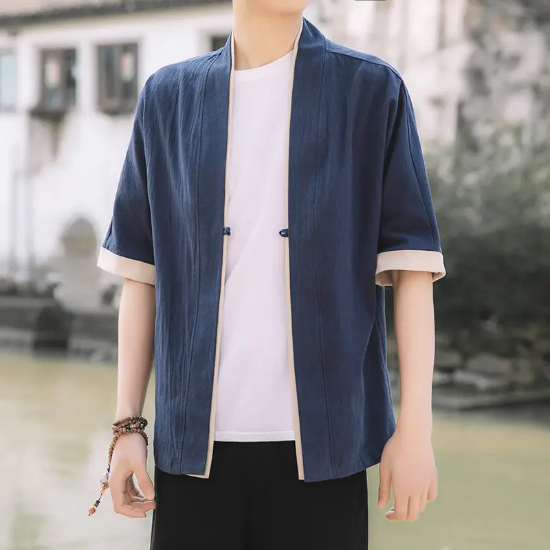 Men Japanese Style Half Sleeve Tang Suit Black Large - Image 4