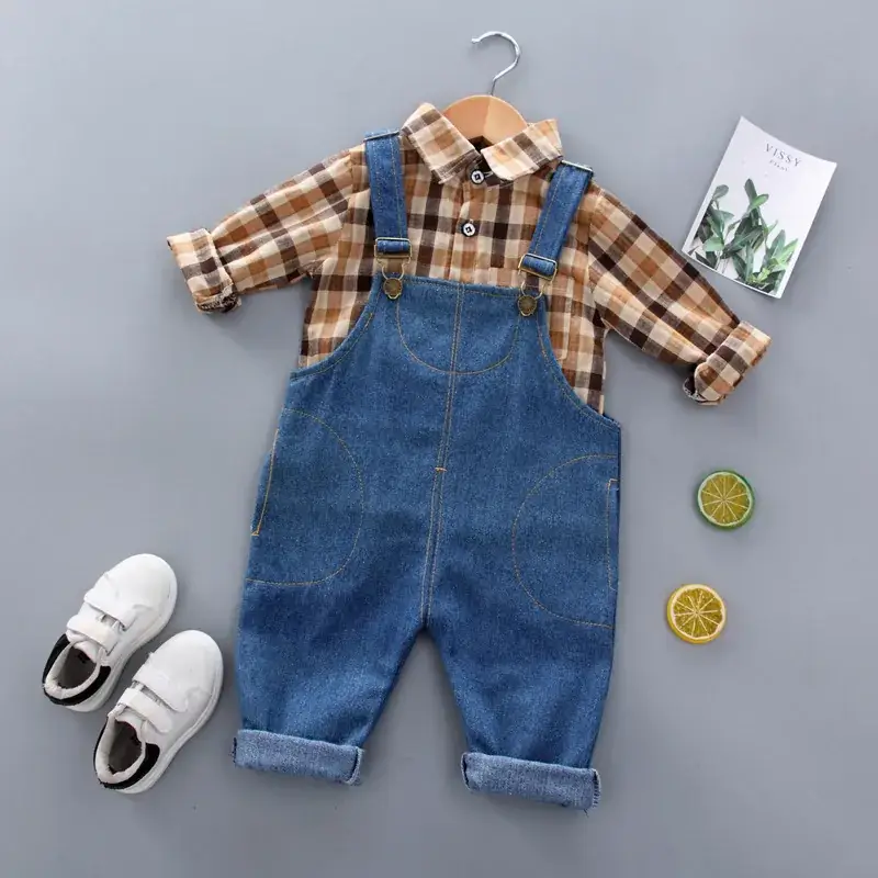 Korean Plaid Shirt Set for Kids Brown Beige