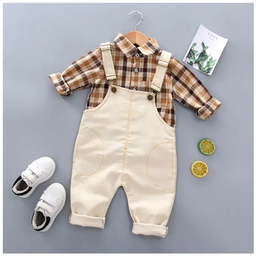 Korean Plaid Shirt Set for Kids Brown Beige