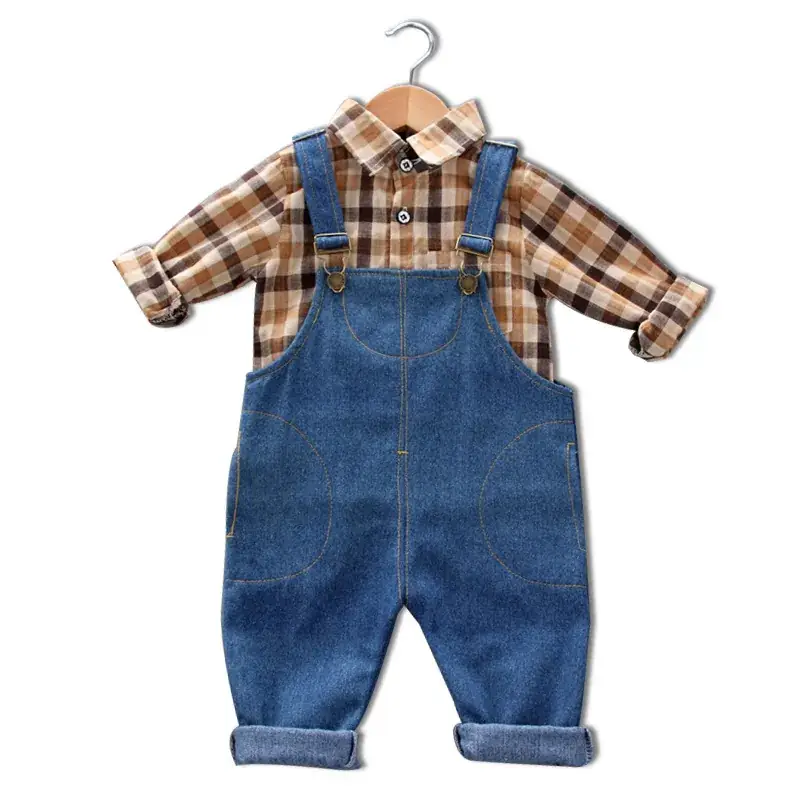 Korean Plaid Shirt Set for Kids Brown Beige