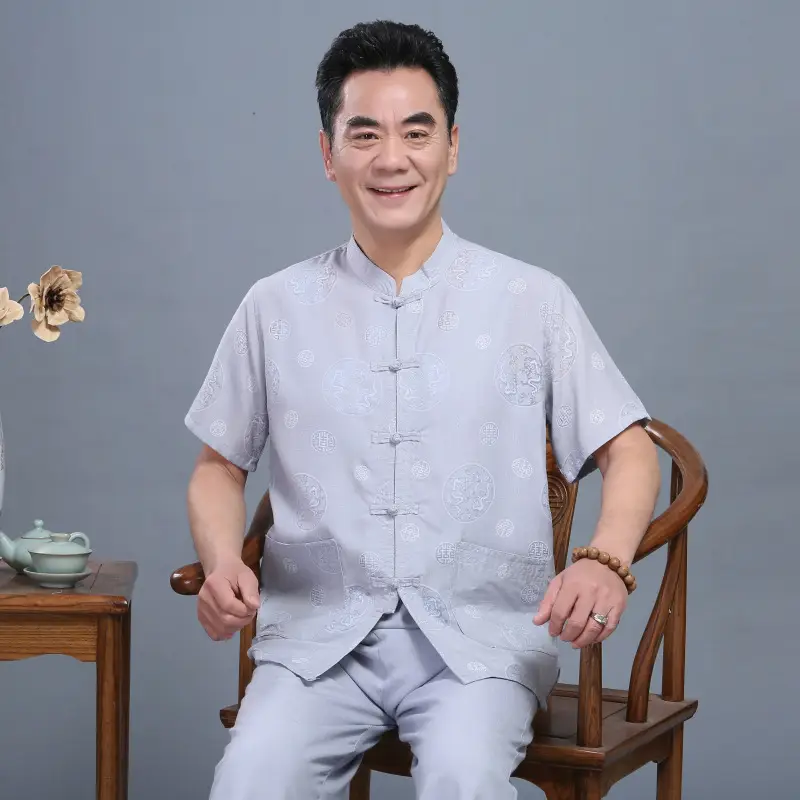 Chinese Style Men's Linen Tang Suit Summer Short Sleeve - Image 11