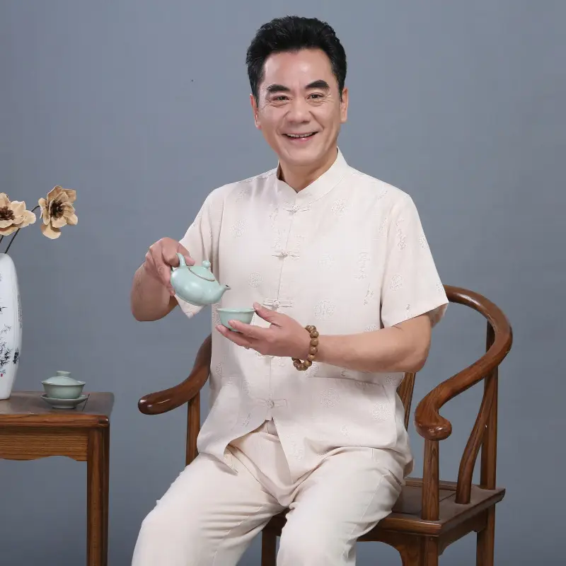 Chinese Style Men's Linen Tang Suit Summer Short Sleeve - Image 12