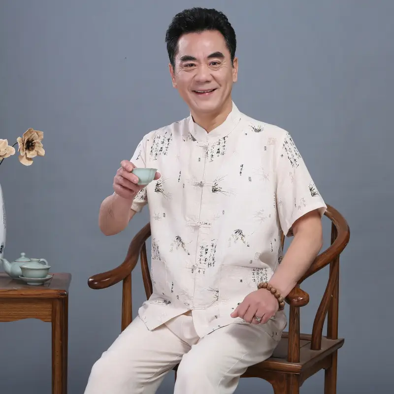 Chinese Style Men's Linen Tang Suit Summer Short Sleeve - Image 7