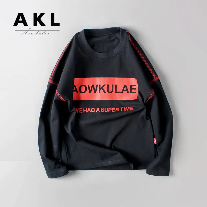 Korean Boys Long Sleeve T-Shirt Black Red AOWKULAAE