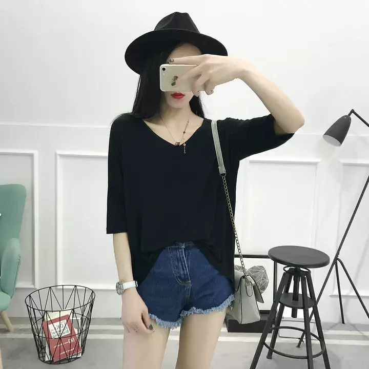 2023 V-Neck Loose T-Shirt Gray Plus Size — feature 9