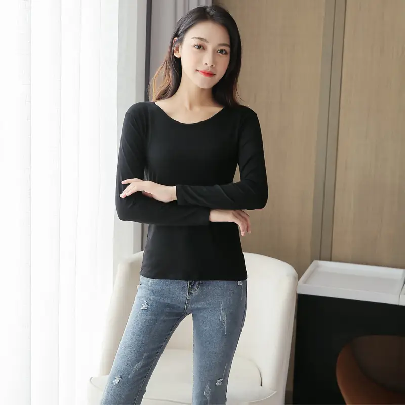 Women's Long Sleeve Modal T-Shirt Beige Round Neck