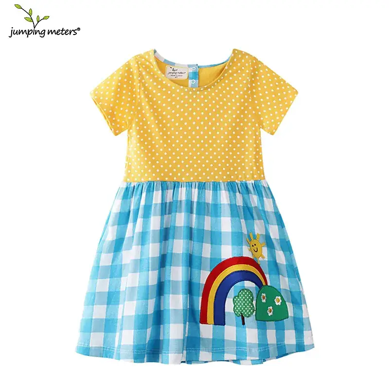 2025 Kids Cotton Checkered Skirt Dress Yellow Polka Dot