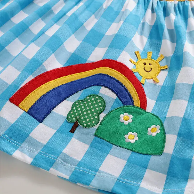 2025 Kids Cotton Checkered Skirt Dress Yellow Polka Dot