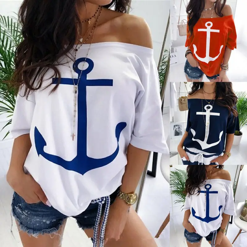 Women's Navy White Anchor Printed One Shoulder T-Shirt - Image 3