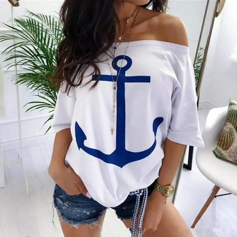 Women's Navy White Anchor Printed One Shoulder T-Shirt - Image 4