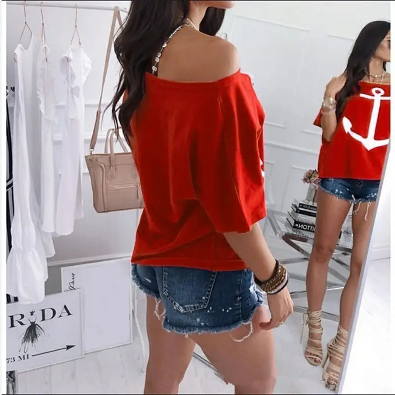 Women's Navy White Anchor Printed One Shoulder T-Shirt - Image 6