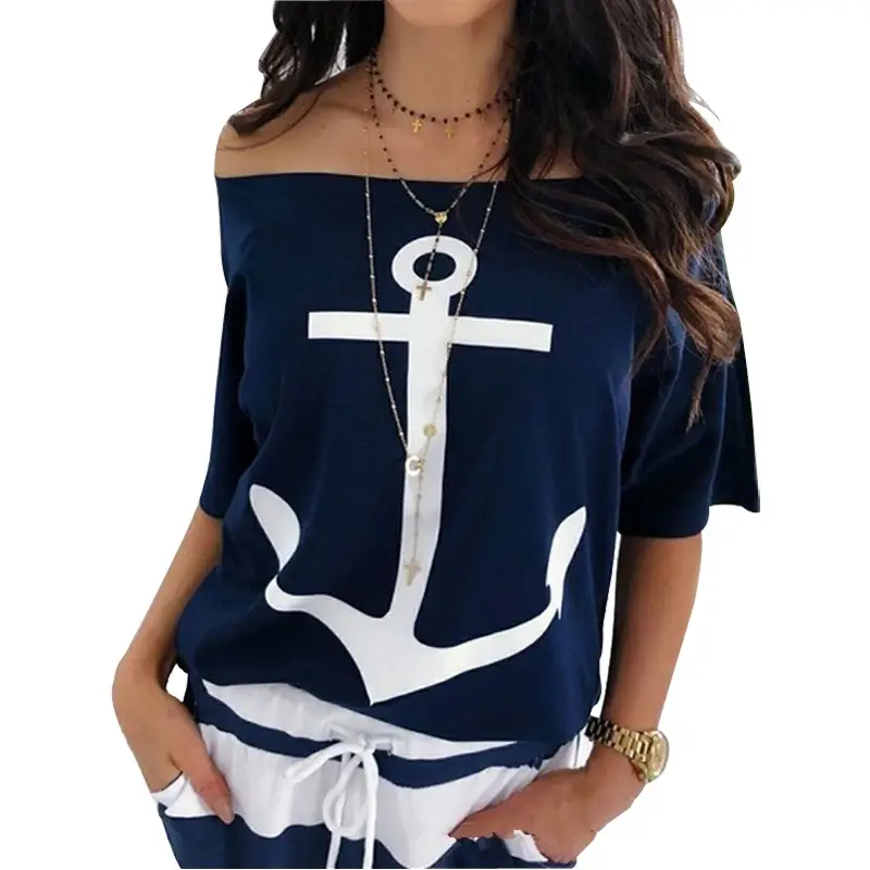 Women's Navy White Anchor Printed One Shoulder T-Shirt - Image 7