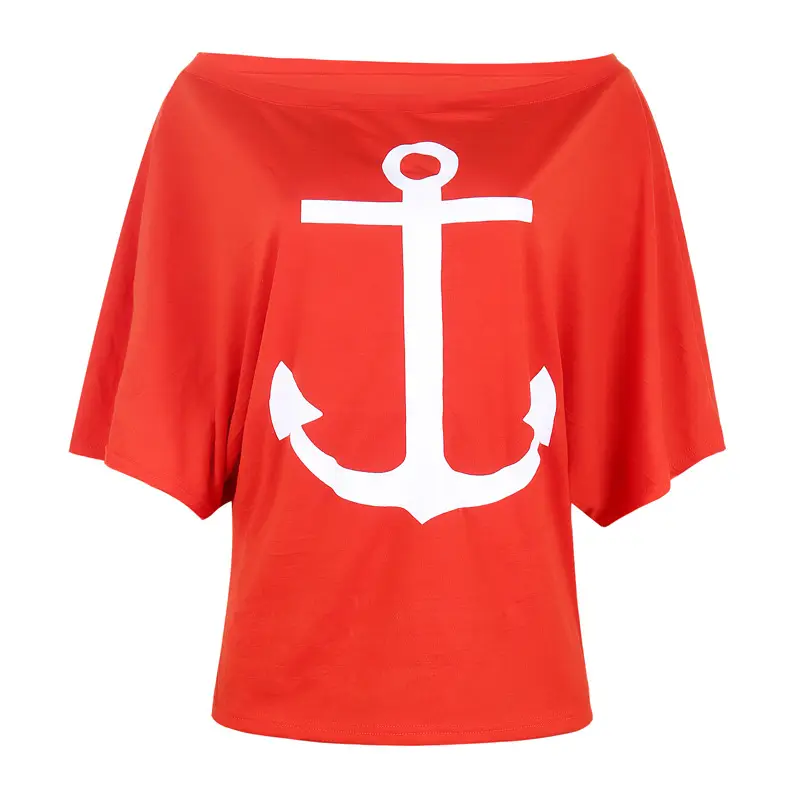 Women's Navy White Anchor Printed One Shoulder T-Shirt — feature 11
