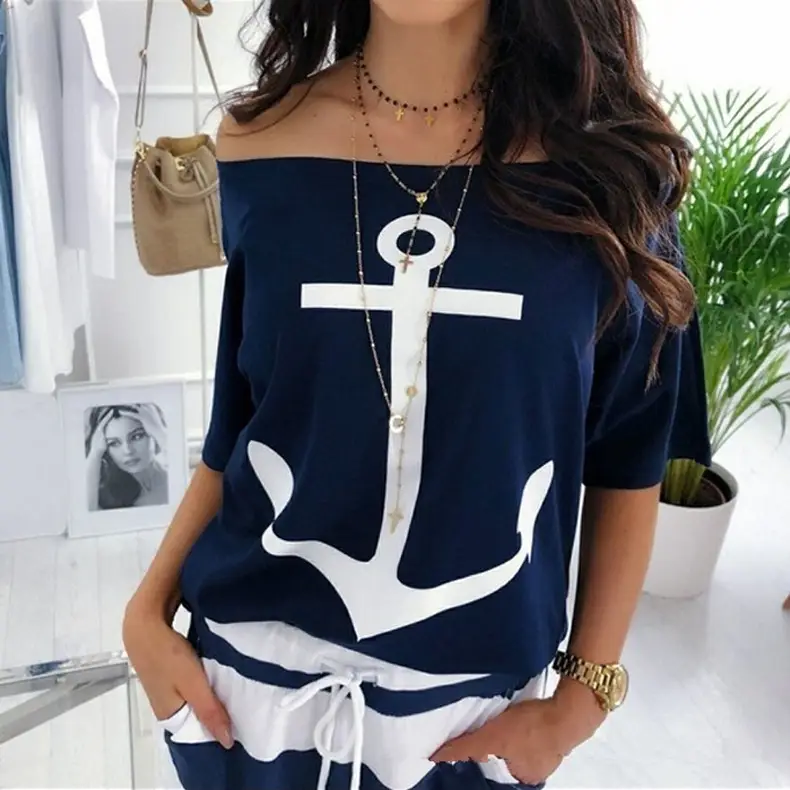 Women's Navy White Anchor Printed One Shoulder T-Shirt — feature 17
