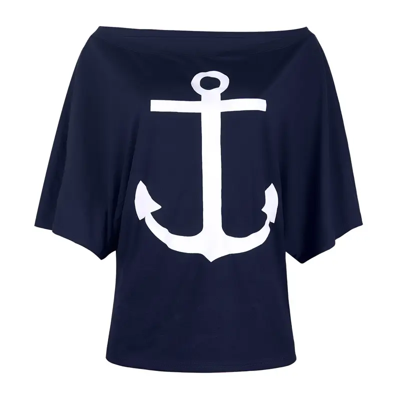 Women's Navy White Anchor Printed One Shoulder T-Shirt — feature 18