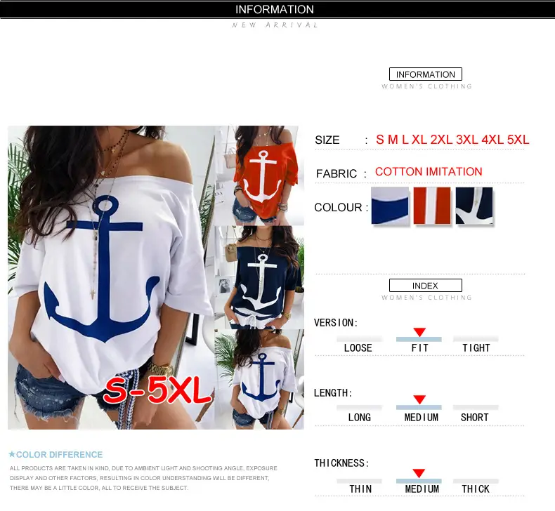 Women's Navy White Anchor Printed One Shoulder T-Shirt — feature 3