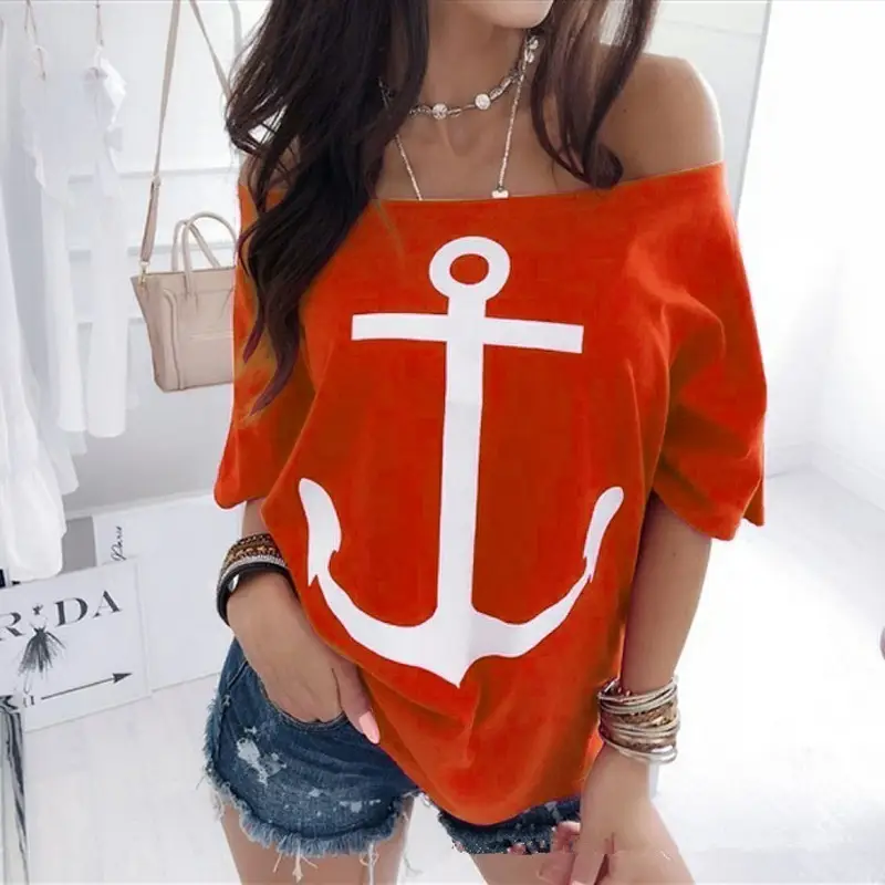 Women's Navy White Anchor Printed One Shoulder T-Shirt - Image 2