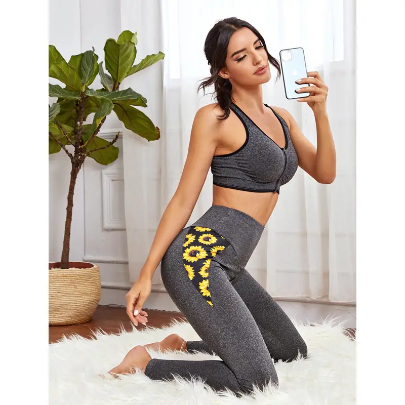 High Waist Hip Stretch Tight Sports Yoga Leggings Grey Black - Image 3