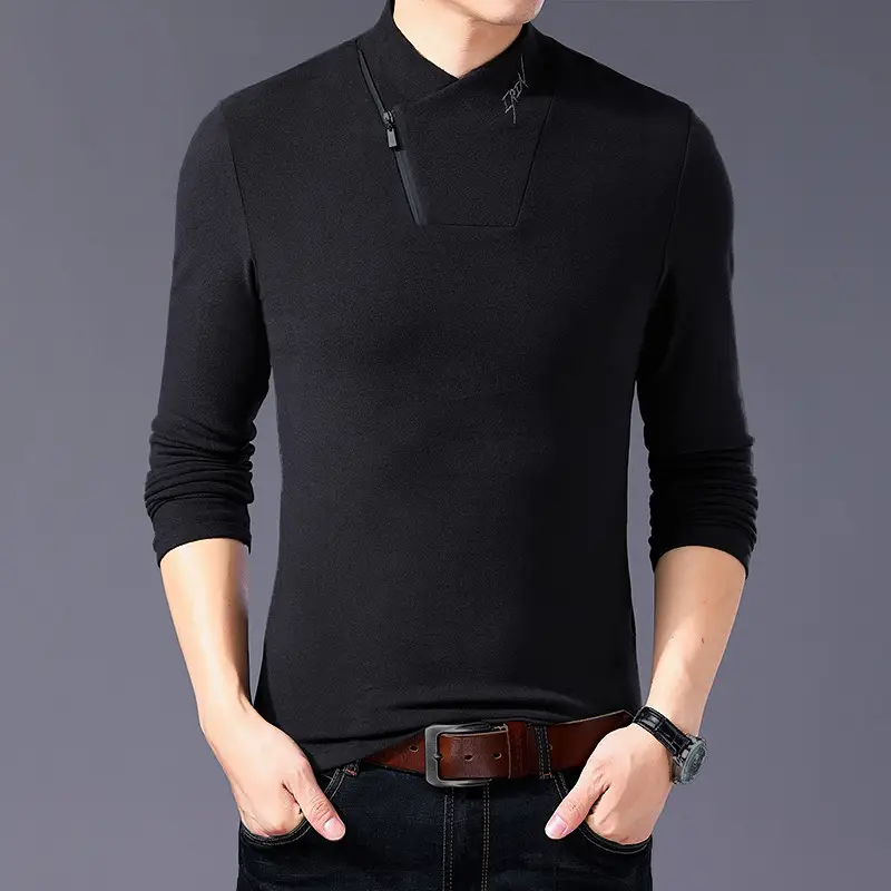 Men Black Cotton Half-Turtleneck Zipper T-Shirt Plus Size - Image 2